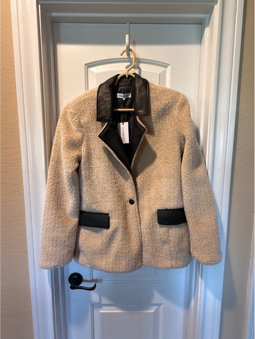 WeWoreWhat Faux Fur Blazer Jacket S/P Beige Black Vegan Leather NWT $148